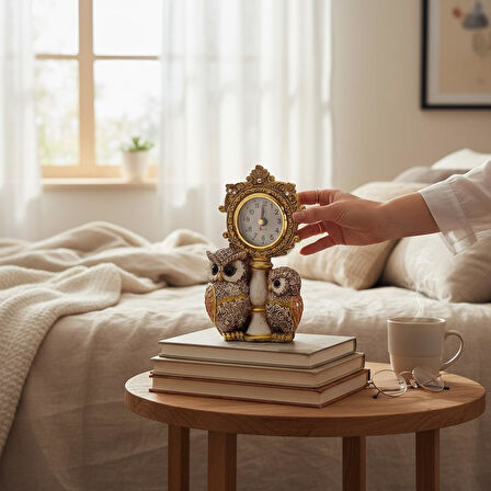 Lüks İşlemeli Saatli 2'li Baykuş Heykeli Dekoratif Masaüstü Biblo Yeni Yıl Ev & Ofis Hediyesi 17 cm.