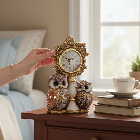 Lüks İşlemeli Saatli 2'li Baykuş Heykeli Dekoratif Masaüstü Biblo Yeni Yıl Ev & Ofis Hediyesi 17 cm.