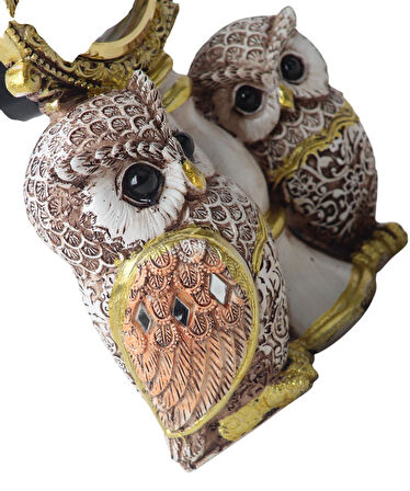 Lüks İşlemeli Saatli 2'li Baykuş Heykeli Dekoratif Masaüstü Biblo Yeni Yıl Ev & Ofis Hediyesi 17 cm.