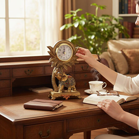 Lüks İşlemeli Saatli Fil Heykeli Dekoratif Masaüstü Biblo Yeni Yıl Yeni Ev & Ofis Hediyesi 17 cm.