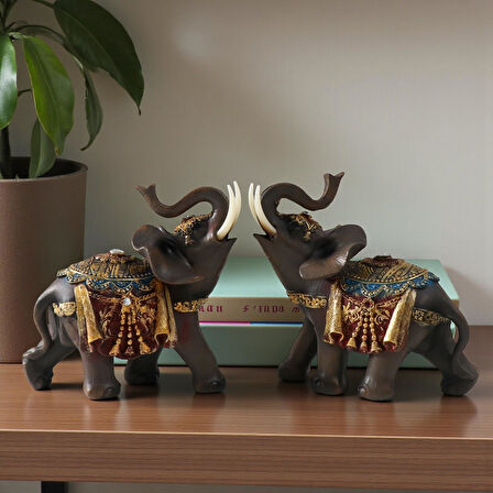 Lüks Nakış İşlemeli Feng Shui Şans Getiren 2li Fil Heykeli Dekoratif Biblo 10 cm. Ev & Ofis Hediyesi