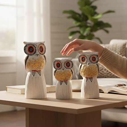 El Yapımı Doğal Ahşap 3’lü Baykuş Heykel Biblo Seti Yeni Yıl Ev Ofis Hediyesi Raf Vitrin Bahçe Süsü