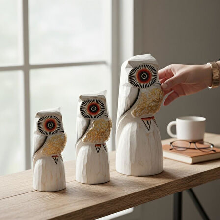 El Yapımı Doğal Ahşap 3’lü Baykuş Heykel Biblo Seti Yeni Yıl Ev Ofis Hediyesi Raf Vitrin Bahçe Süsü