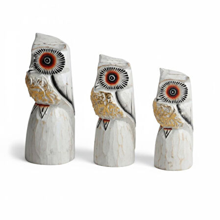 El Yapımı Doğal Ahşap 3’lü Baykuş Heykel Biblo Seti Yeni Yıl Ev Ofis Hediyesi Raf Vitrin Bahçe Süsü