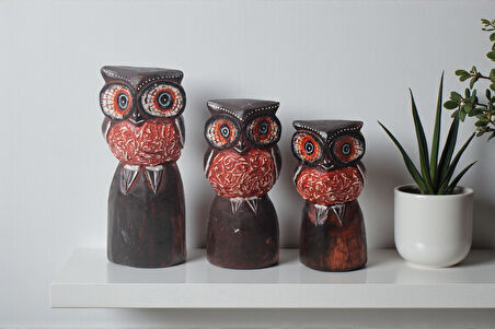 El Yapımı Doğal Ahşap 3’lü Baykuş Heykel Biblo Seti Yeni Yıl Ev Ofis Hediyesi Raf Vitrin Bahçe Süsü