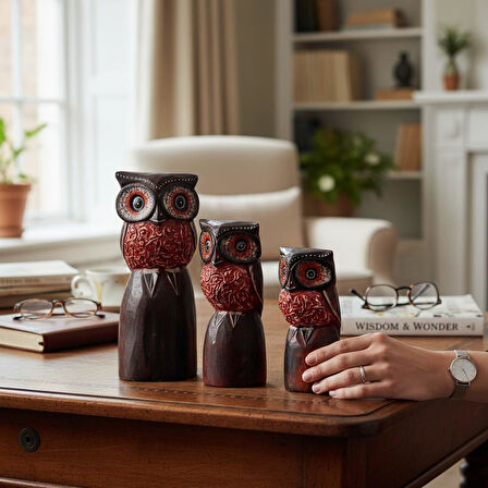 El Yapımı Doğal Ahşap 3’lü Baykuş Heykel Biblo Seti Yeni Yıl Ev Ofis Hediyesi Raf Vitrin Bahçe Süsü