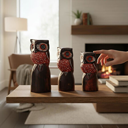 El Yapımı Doğal Ahşap 3’lü Baykuş Heykel Biblo Seti Yeni Yıl Ev Ofis Hediyesi Raf Vitrin Bahçe Süsü