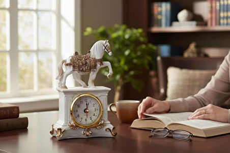 Lüks İşlemeli Saatli At Heykeli Dekoratif Masaüstü Biblo Yeni Yeni Yıl Ev & Ofis Hediyesi 15 cm.