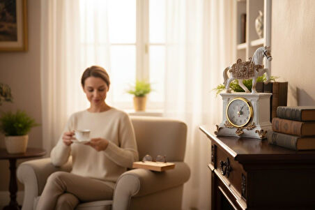 Lüks İşlemeli Saatli At Heykeli Dekoratif Masaüstü Biblo Yeni Yeni Yıl Ev & Ofis Hediyesi 15 cm.