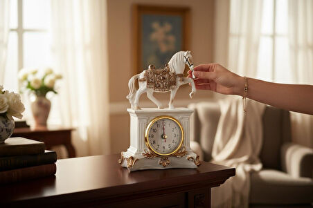 Lüks İşlemeli Saatli At Heykeli Dekoratif Masaüstü Biblo Yeni Yeni Yıl Ev & Ofis Hediyesi 15 cm.