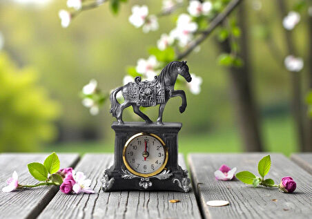 Lüks İşlemeli Saatli At Heykeli Dekoratif Masaüstü Biblo Yeni Yeni Yıl Ev & Ofis Hediyesi 15 cm.