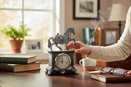 Lüks İşlemeli Saatli At Heykeli Dekoratif Masaüstü Biblo Yeni Yeni Yıl Ev & Ofis Hediyesi 15 cm.