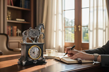 Lüks İşlemeli Saatli At Heykeli Dekoratif Masaüstü Biblo Yeni Yeni Yıl Ev & Ofis Hediyesi 15 cm.