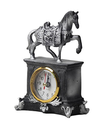 Lüks İşlemeli Saatli At Heykeli Dekoratif Masaüstü Biblo Yeni Yeni Yıl Ev & Ofis Hediyesi 15 cm.