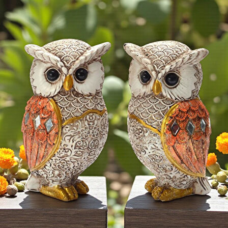 Lüks Nakış İşlemeli Baykuş Çift Heykeli Dekoratif Masaüstü Biblo Yeni Yıl & Ev & Ofis Hediyesi 9 cm.