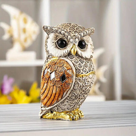 Lüks Nakış İşlemeli Baykuş Çift Heykeli Dekoratif Masaüstü Biblo Yeni Yıl & Ev & Ofis Hediyesi 9 cm.