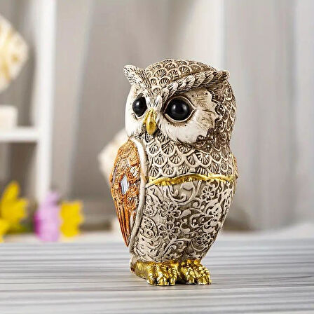 Lüks Nakış İşlemeli Baykuş Çift Heykeli Dekoratif Masaüstü Biblo Yeni Yıl & Ev & Ofis Hediyesi 9 cm.