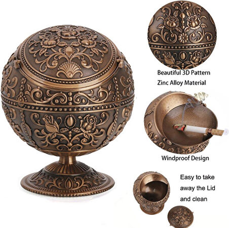 Lüks Gül Motifli Metal Top Rüzgar Geçirmez Küllük Tütsülük Çok Fonksiyonlu Dekoratif Obje Biblo 12cm