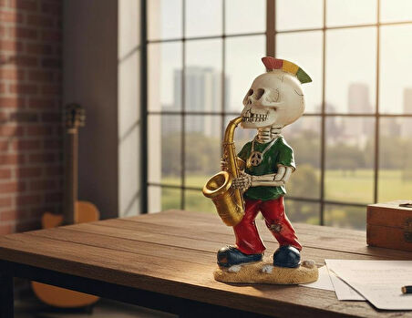 Gotik Tasarım Kurukafa Saksafoncu Müzisyen Heykel Masaüstü Biblo 19 cm. – Yeni Yıl Ofis Ev Hediyesi