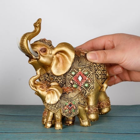 Lüks Nakış İşlemeli Anne ve Yavru Fil Heykeli Feng Shui Şans Getiren Dekoratif Masaüstü Biblo 17 cm.