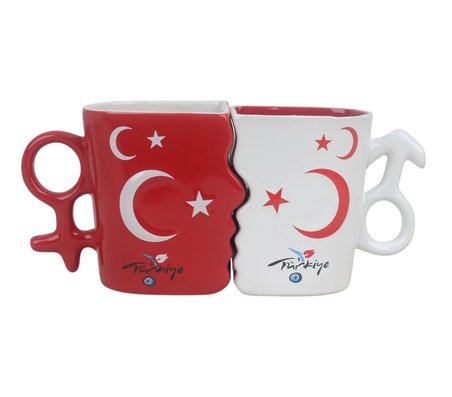 Ay Yıldız Ruh İkizi Tasarımlı Türk Bayraklı 2li Porselen Kupa Fincan Seti – 250 ml Büyük Boy 