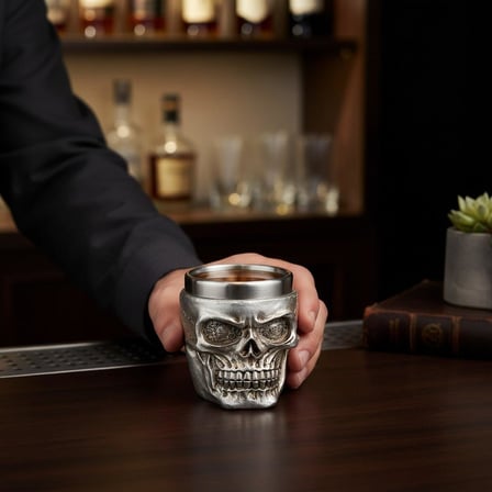 Gotik Silver Kurukafa İşlemeli Paslanmaz Çelik 2’li Premium Shot Bardağı Seti – 55 ml