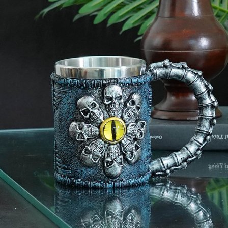 3D Gotik Kurukafa Göz Tasarımlı Kupa Paslanmaz Çelik İç Hazneli Kulplu Dekoratif Bardak 400 ml