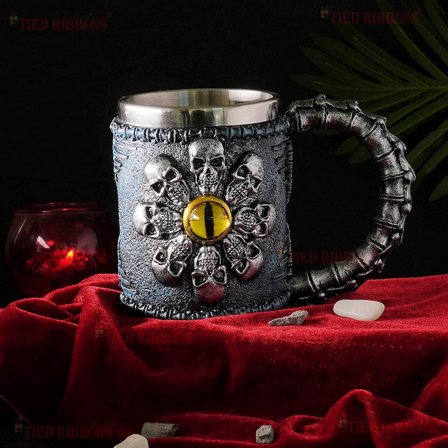 3D Gotik Kurukafa Göz Tasarımlı Kupa Paslanmaz Çelik İç Hazneli Kulplu Dekoratif Bardak 400 ml