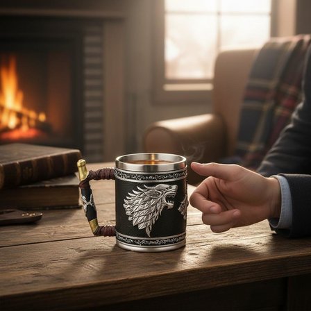3D Game of Thrones Stark Kurt Tasarımlı Kupa Paslanmaz Çelik İç Hazneli Kulplu Bardak 400 ml
