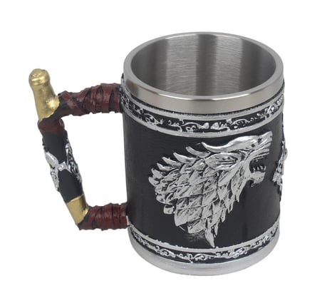 3D Game of Thrones Stark Kurt Tasarımlı Kupa Paslanmaz Çelik İç Hazneli Kulplu Bardak 400 ml