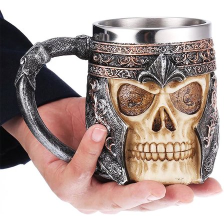 3D Kurukafa Viking Tasarımlı Kupa Paslanmaz Çelik İç Hazneli Kulplu Bardak 400 ml