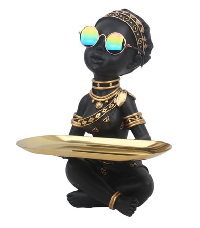 Afrikalı Kadın Biblo 28 cm Tepsili Anahtarlık Kase Siyah Altın Dekoratif Organizer Ev Ofis