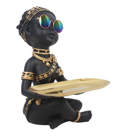 Afrikalı Kadın Biblo 28 cm Tepsili Anahtarlık Kase Siyah Altın Dekoratif Organizer Ev Ofis