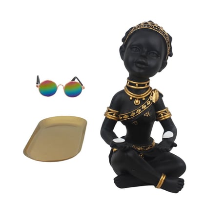 Afrikalı Kadın Biblo 28 cm Tepsili Anahtarlık Kase Siyah Altın Dekoratif Organizer Ev Ofis