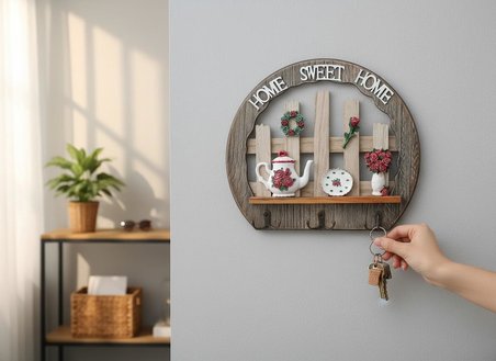 Lüks Ahşap Home Sweet Home Anahtar Askısı 29 cm Dekoratif Duvar Anahtarlık Organizer Çaydanlık