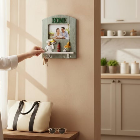 Ahşap Home Sweet Home Anahtar Askısı Fotoğraf Çerçeveli Duvar Organizer 4 Kancalı 27 cm Model 2