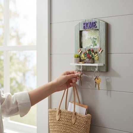 Ahşap Home Sweet Home Anahtar Askısı Fotoğraf Çerçeveli Duvar Organizer 4 Kancalı 27 cm Model 4