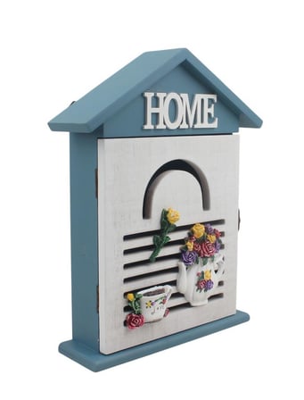 Ahşap Ev Tasarımlı Home Sweet Home Anahtar Askısı Çiçek Detaylı Duvar Organizer 28 cm Duvar Süsü