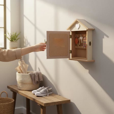 Ahşap Ev Tasarımlı Home Sweet Home Anahtar Askısı Çiçek Kalp Detaylı Duvar Organizer 28cm Duvar Süsü