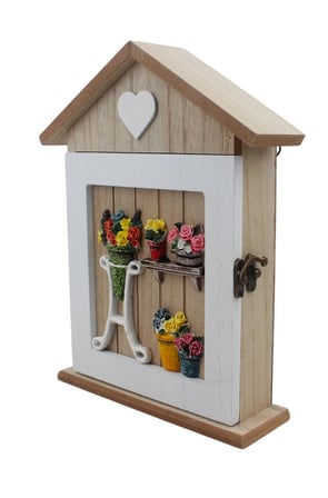 Ahşap Ev Tasarımlı Home Sweet Home Anahtar Askısı Çiçek Kalp Detaylı Duvar Organizer 28cm Duvar Süsü