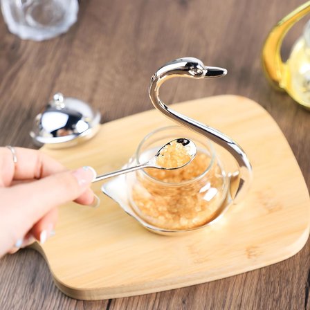 Lüks Kuğu Tasarımlı Cam Şekerlik Dekoratif Baharatlık Bal Kavanozu Sunumluk Metal Standlı Set