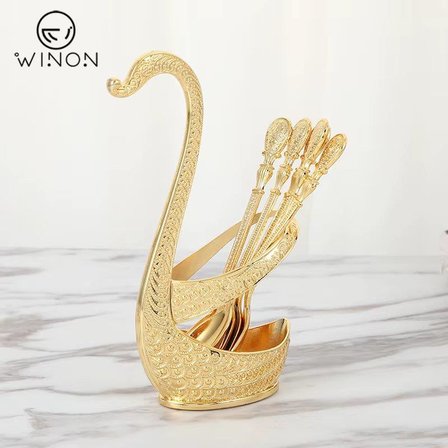 Lüks İskandinav Kuğu Tutuculu 6’lı Tatlı Kahve Çay Kaşığı Seti Nakış İşleme Detaylı Gold Set