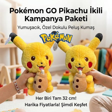 2li Pokemon GO Pikachu Peluş Oyuncak 32 Cm İthal Soft Kumaş Büyük Boy Uyku Oyun Arkadaşı Seti 2 Adet