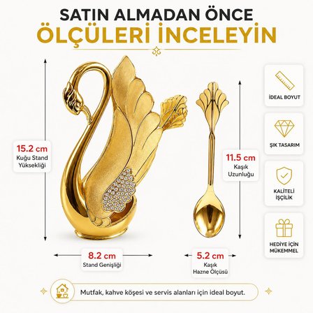 Lüks İskandinav Kuğu Tutuculu 6'lı Kahve Çay Tatlı Kaşığı Seti Kristal Taşlı Gold Dekor Şık