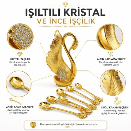 Lüks İskandinav Kuğu Tutuculu 6'lı Kahve Çay Tatlı Kaşığı Seti Kristal Taşlı Gold Dekor Şık
