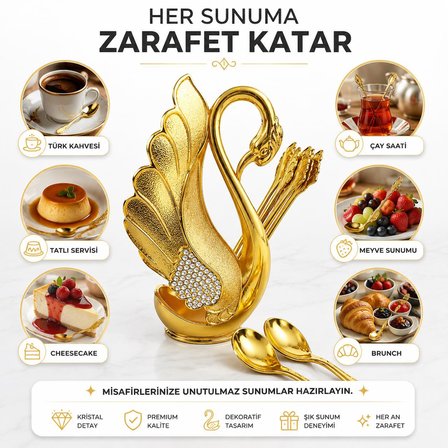 Lüks İskandinav Kuğu Tutuculu 6'lı Kahve Çay Tatlı Kaşığı Seti Kristal Taşlı Gold Dekor Şık