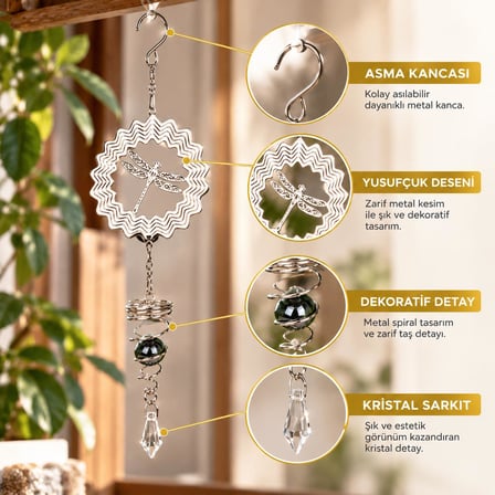 Yusufçuk Rüzgar Çanı 36 cm Metal Kristal Sarkıtlı Dekoratif Balkon Bahçe Süsü
