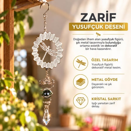 Yusufçuk Rüzgar Çanı 36 cm Metal Kristal Sarkıtlı Dekoratif Balkon Bahçe Süsü