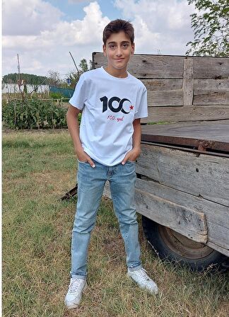 100 Yıl Anı Tişörtü Ayyıldız Baskılı Özel Tasarım Beyaz