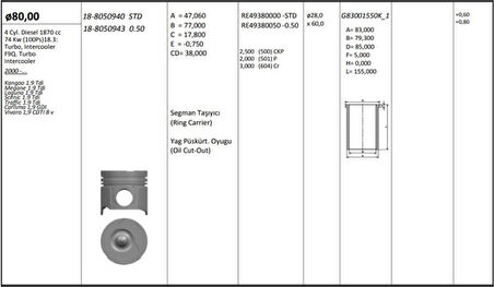 Renault Motor Piston+segman Kangoo Megane Laguna Trafıc Scenic Vivaro Carısma 1.9tdi F9q (80.00mm) - Kingpiston 18-8050940